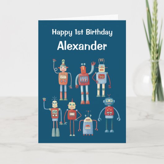 Retro 1950s Robots aangepaste leeftijd en naam geb Aankondiging (Voorkant)