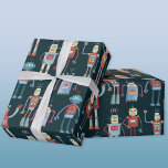 Retro 1950s  Robots Wrapping Paper Cadeaupapier<br><div class="desc">Schattige retro  robotontwerp uit de jaren 50 op een donkere achtergrond. Originele versie door Nic Squirrell.</div>