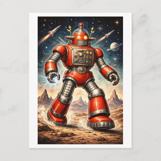 Retro 1950s Sci-Fi rode ruimte robot Briefkaart (Voorkant)