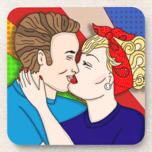 Retro 1950's Style Pop Art Couple Kissing Bier Onderzetter