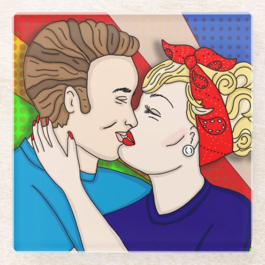 Retro 1950's Style Pop Art Couple Kissing Glazen Onderzetter (Voorkant)