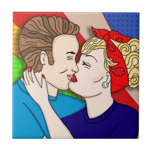 Retro 1950's Style Pop Art Couple Kissing Tegeltje (Voorkant)