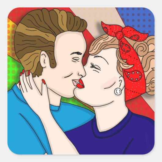 Retro 1950's Style Pop Art Couple Kissing Vierkante Sticker (Voorkant)