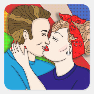 Retro 1950's Style Pop Art Couple Kissing Vierkante Sticker