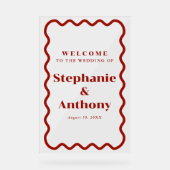 Retro 1950s Wavy Edge Dark Red Wedding Acryl Bord (Voorkant)