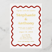 Retro 1950s Wavy Edge Dark Red Wedding  Folie Uitnodiging (Voorkant)