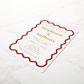 Retro 1950s Wavy Edge Dark Red Wedding  Folie Uitnodiging (Gedraaid)