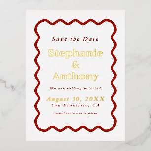 Retro 1950s Wavy Edge Dark Red Wedding    Folie Uitnodiging Briefkaart