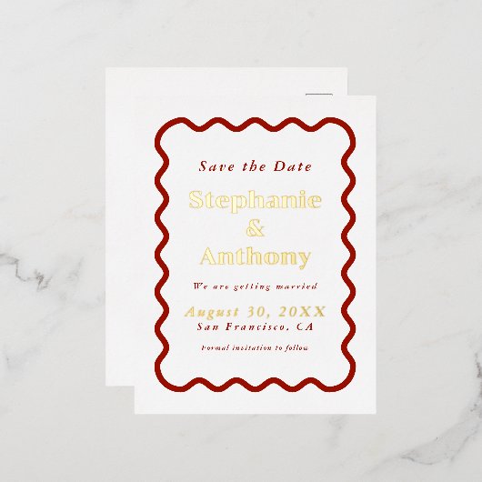 Retro 1950s Wavy Edge Dark Red Wedding    Folie Uitnodiging Briefkaart (Voorkant / Achterkant)