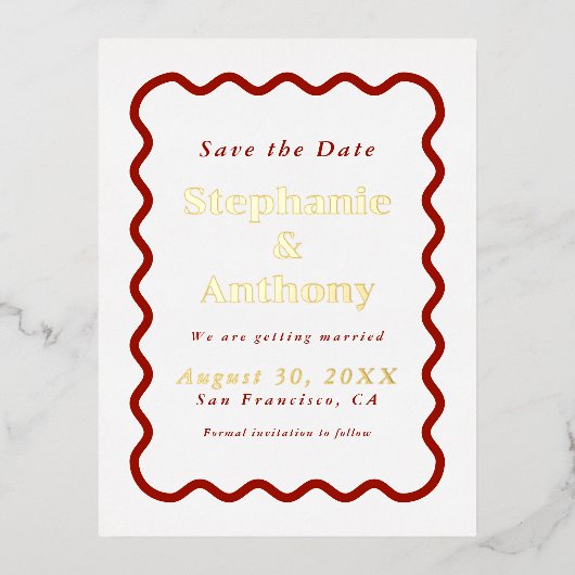Retro 1950s Wavy Edge Dark Red Wedding    Folie Uitnodiging Briefkaart (Voorkant)