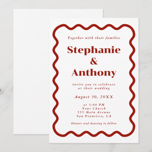 Retro 1950s Wavy Edge Dark Red Wedding Kaart (Voorkant / Achterkant)