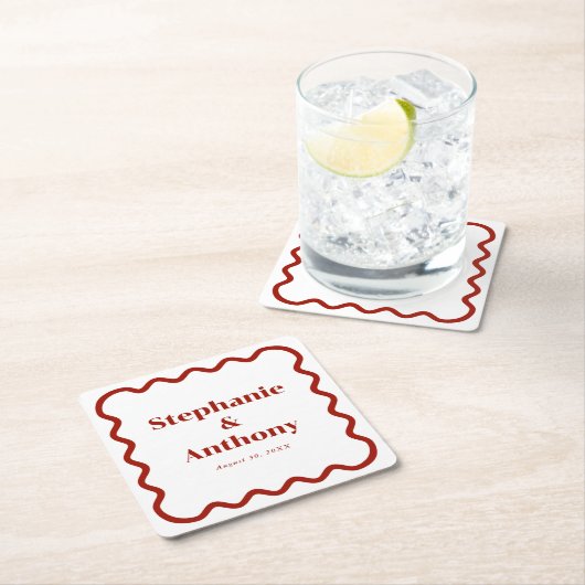 Retro 1950s Wavy Edge Dark Red Wedding Kartonnen Onderzetters (Insitu)