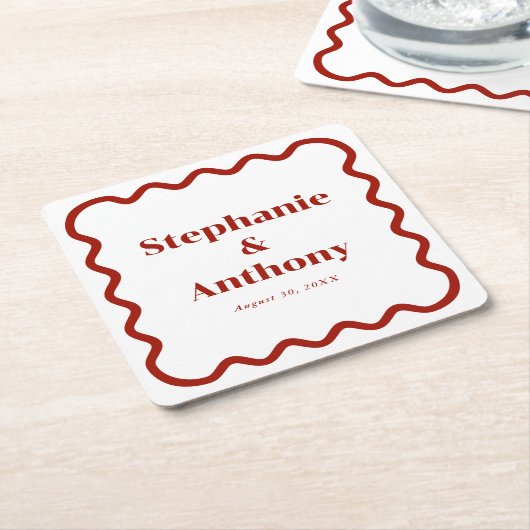 Retro 1950s Wavy Edge Dark Red Wedding Kartonnen Onderzetters (Schuin)