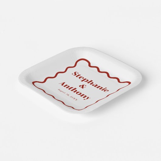 Retro 1950s Wavy Edge Dark Red Wedding Papieren Bordje (Gebogen)