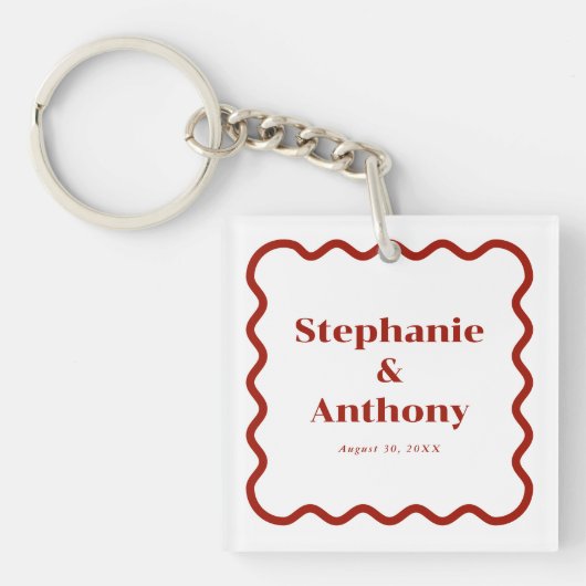 Retro 1950s Wavy Edge Dark Red Wedding Sleutelhanger (voorkant)