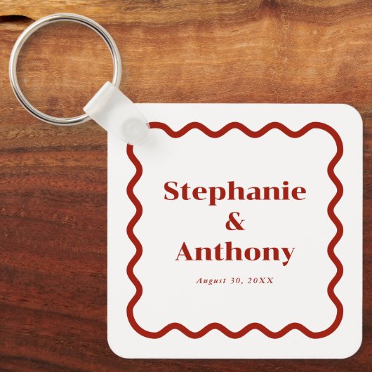 Retro 1950s Wavy Edge Dark Red Wedding Sleutelhanger (Voorkant)