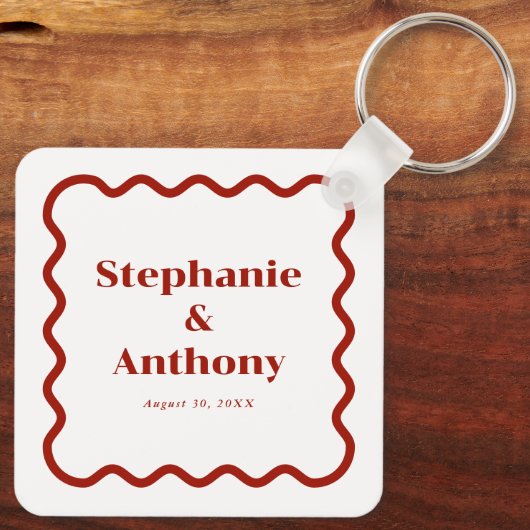 Retro 1950s Wavy Edge Dark Red Wedding Sleutelhanger (Achterkant)