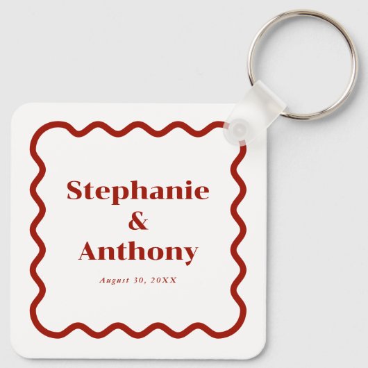 Retro 1950s Wavy Edge Dark Red Wedding Sleutelhanger (Achterkant)