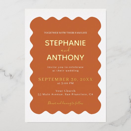 Retro 1950s Wavy Edge Terracotta Wedding Folie Uitnodiging (Voorkant)