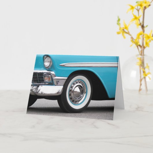 Retro 1956 Turquoise auto voor een verjaardag Kaart (Gele Bloem)