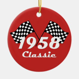 Retro 1958 Klassieke Zwarte & Witte Geruite Race V Keramisch Ornament