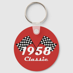 Retro 1958 Klassieke Zwarte & Witte Geruite Race V Sleutelhanger