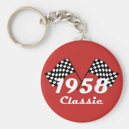 Retro 1958 Klassieke Zwarte & Witte Geruite Race V Sleutelhanger