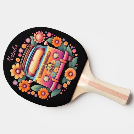 Retro 1960s Flower Bus Monogram Tafeltennisbatje (Zijkant)
