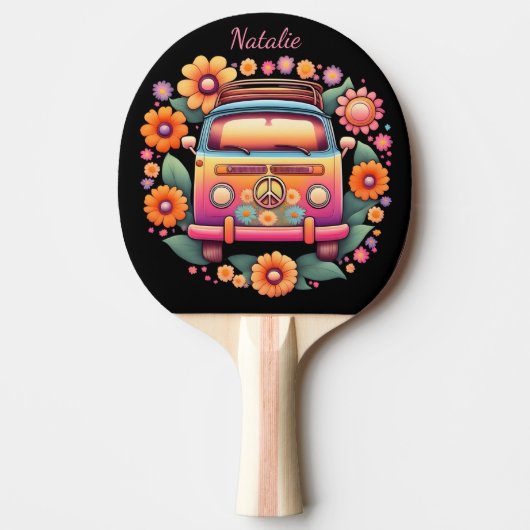 Retro 1960s Flower Bus Monogram Tafeltennisbatje (Voorkant)