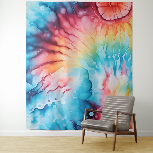 Retro 1960s Rainbow Tie Dye Style Tapestry Wandkleed (In situ)