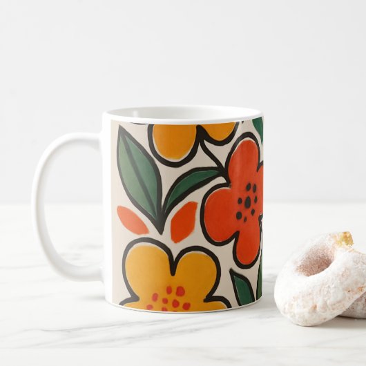 Retro 1960s Style Floral Pattern Koffiemok (Met donut)