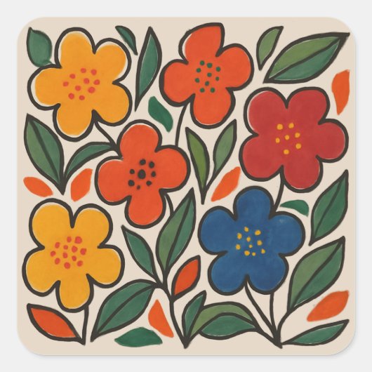 Retro 1960s Style Floral Pattern Vierkante Sticker (Voorkant)