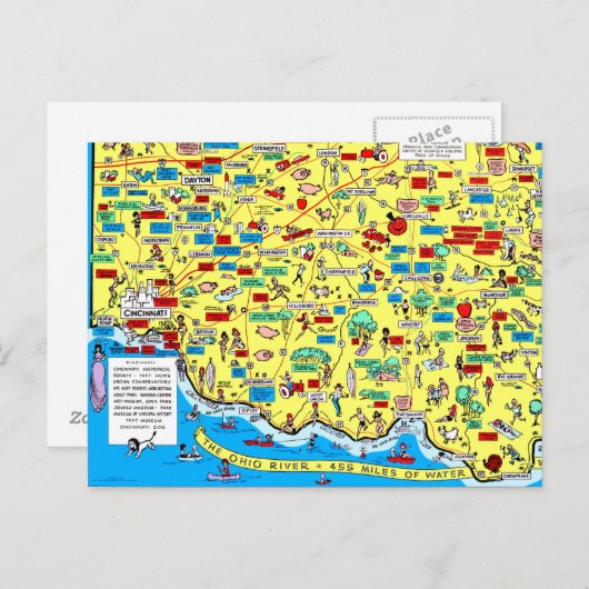 Retro 1966 Cincinnati, briefkaart van de Ohio-kaar (Voorkant / Achterkant)
