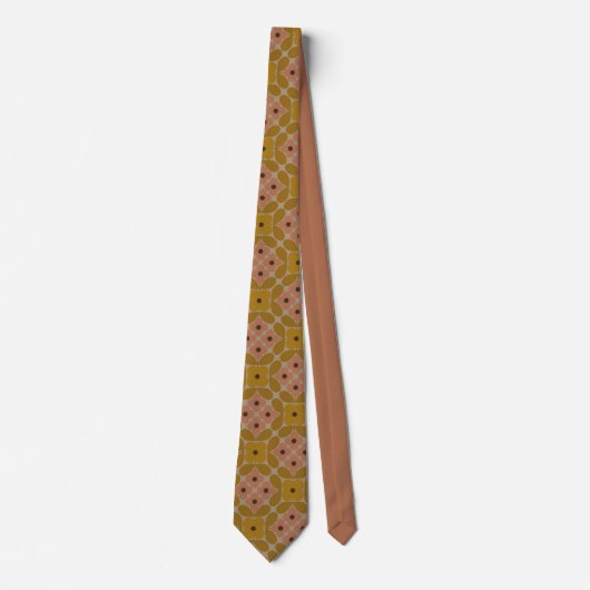 Retro 1970 geometrisch patroon mosterd en terracot stropdas (Voorkant)