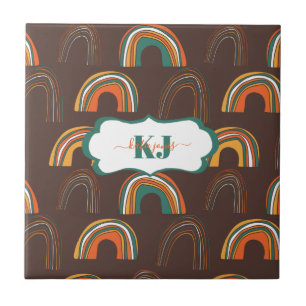 Retro 1970 Regenboog Patroon Monogram Tegel Tegeltje