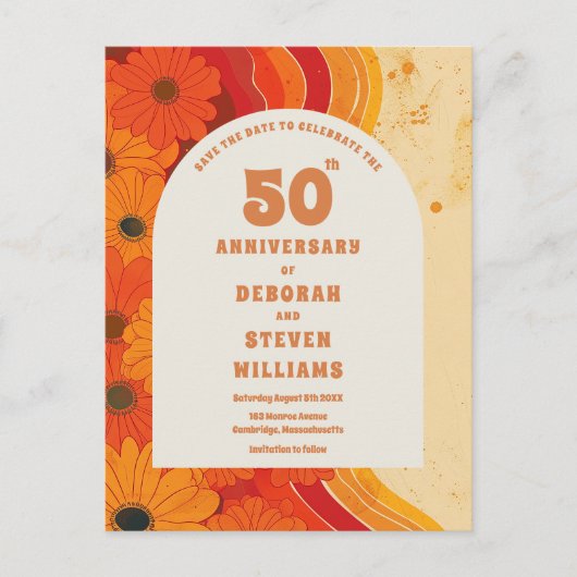 Retro 1970s 50e bruiloft Jubileum Save The Date Briefkaart (Voorkant)