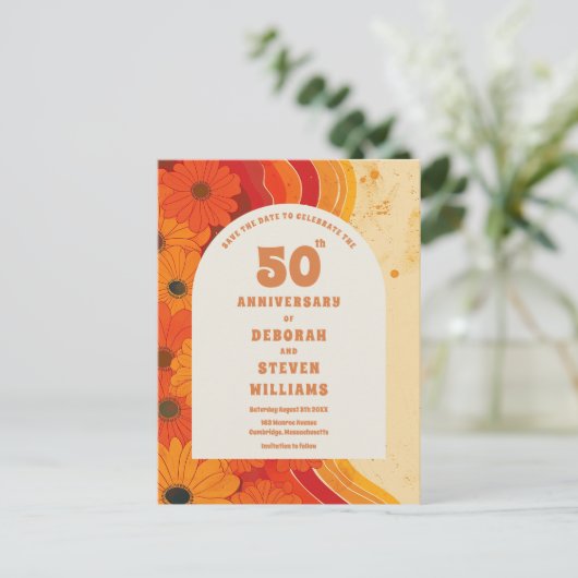 Retro 1970s 50e bruiloft Jubileum Save The Date Briefkaart (Staand voorkant)