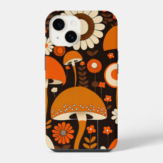 Retro 1970s Bruin- en Oranje paddenstoelen en bloe iPhone 14 Hoesje