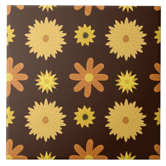 Retro 1970s Bruin Oranje geel Floral Pattern Tegeltje (Voorkant)
