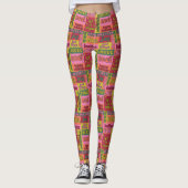 Retro 1970s Collage van Kerstmis Woorden Patterned Leggings (Voorkant)
