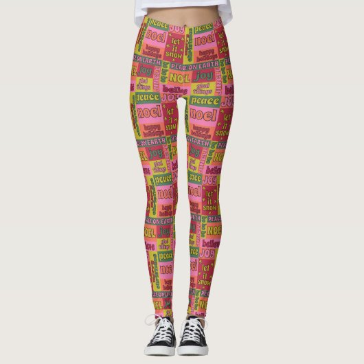 Retro 1970s Collage van Kerstmis Woorden Patterned Leggings (Voorkant)
