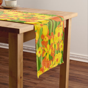Retro 1970's Gele Oranje Bloemen Korte Tafelloper
