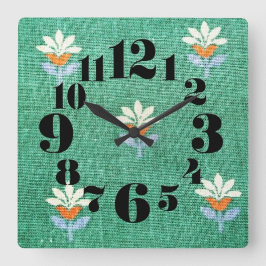 /Retro 1970s Groene Bloemen Vierkante Klok (Voorkant)