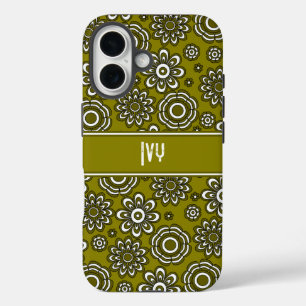 Retro 1970s Olijfgroene Bloem iPhone 16 Hoesje