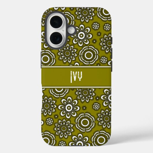 Retro 1970s Olijfgroene Bloem  Case-Mate iPhone Case (Achterkant)