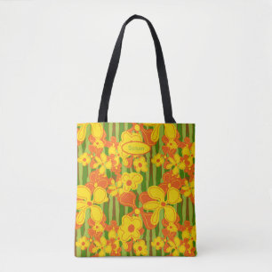 Retro 1970s Oranje Gele Bloemen Tote Bag