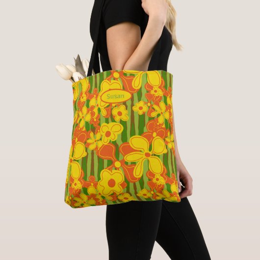 Retro 1970s Oranje Gele Bloemen Tote Bag (Dichtbij)