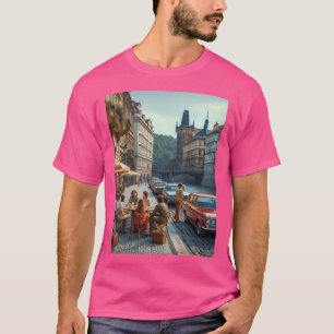 Retro 1970S Prague Ai Kunstwerk Kleurrijke straat T-shirt