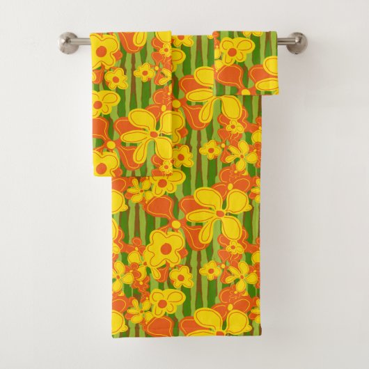Retro 1970's Vette Oranje gele bloemen Bad Handdoek (Insitu)