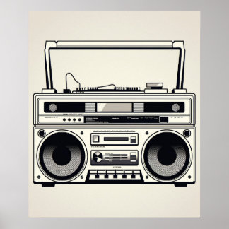 Retro 1980s boombox minimalistische lijnkunst poster